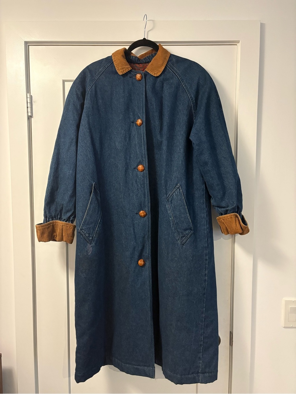 Vintage Hunter Navy Denim Trench Coat with Tan Corduroy Collar